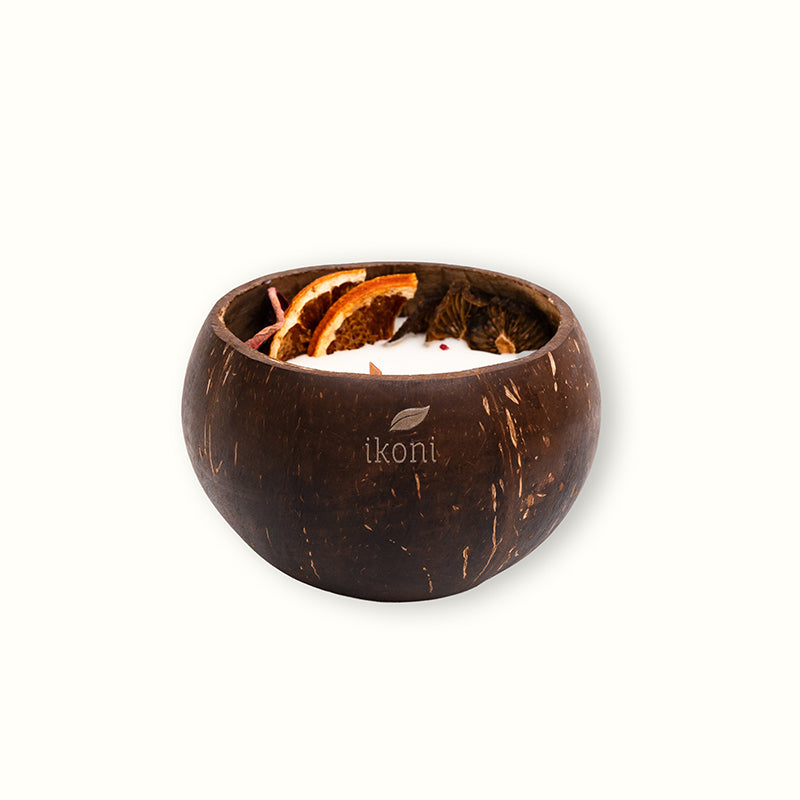Coconut shell candle with dried orange and figs inside that is ikoni Coconut Shell Candle.