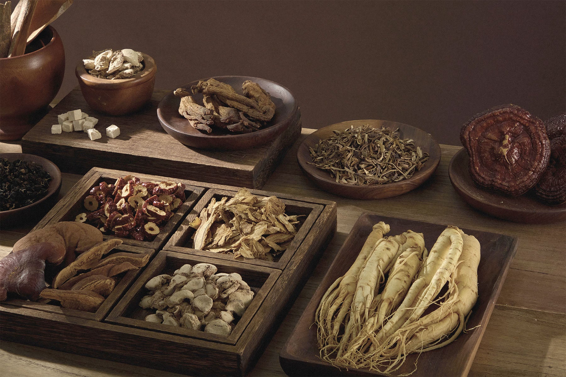 Various dried Chinese herbs and roots on a wooden table with a warm color tone.
